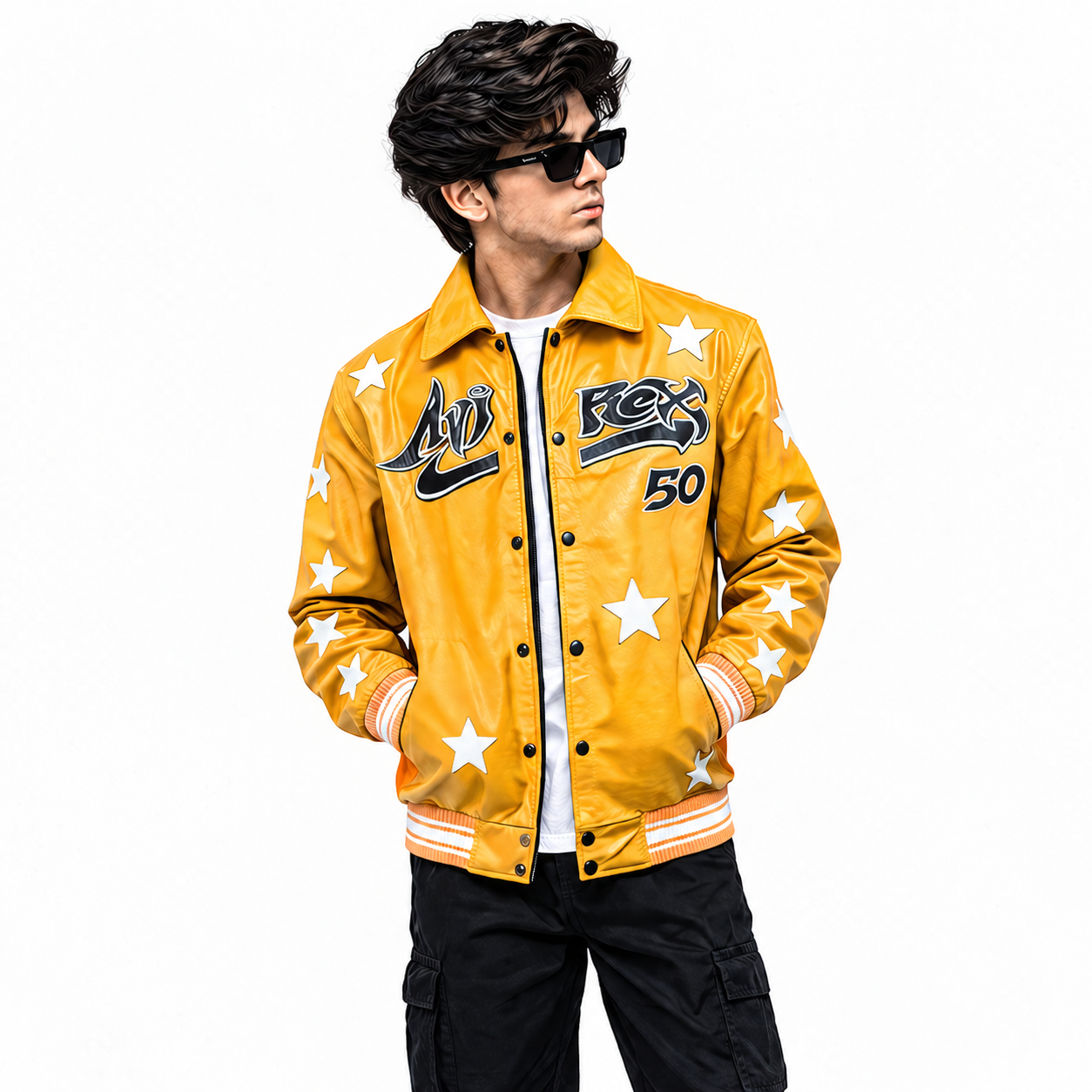 Men’s Yellow Star Graphic Varsity Bomber Jacket