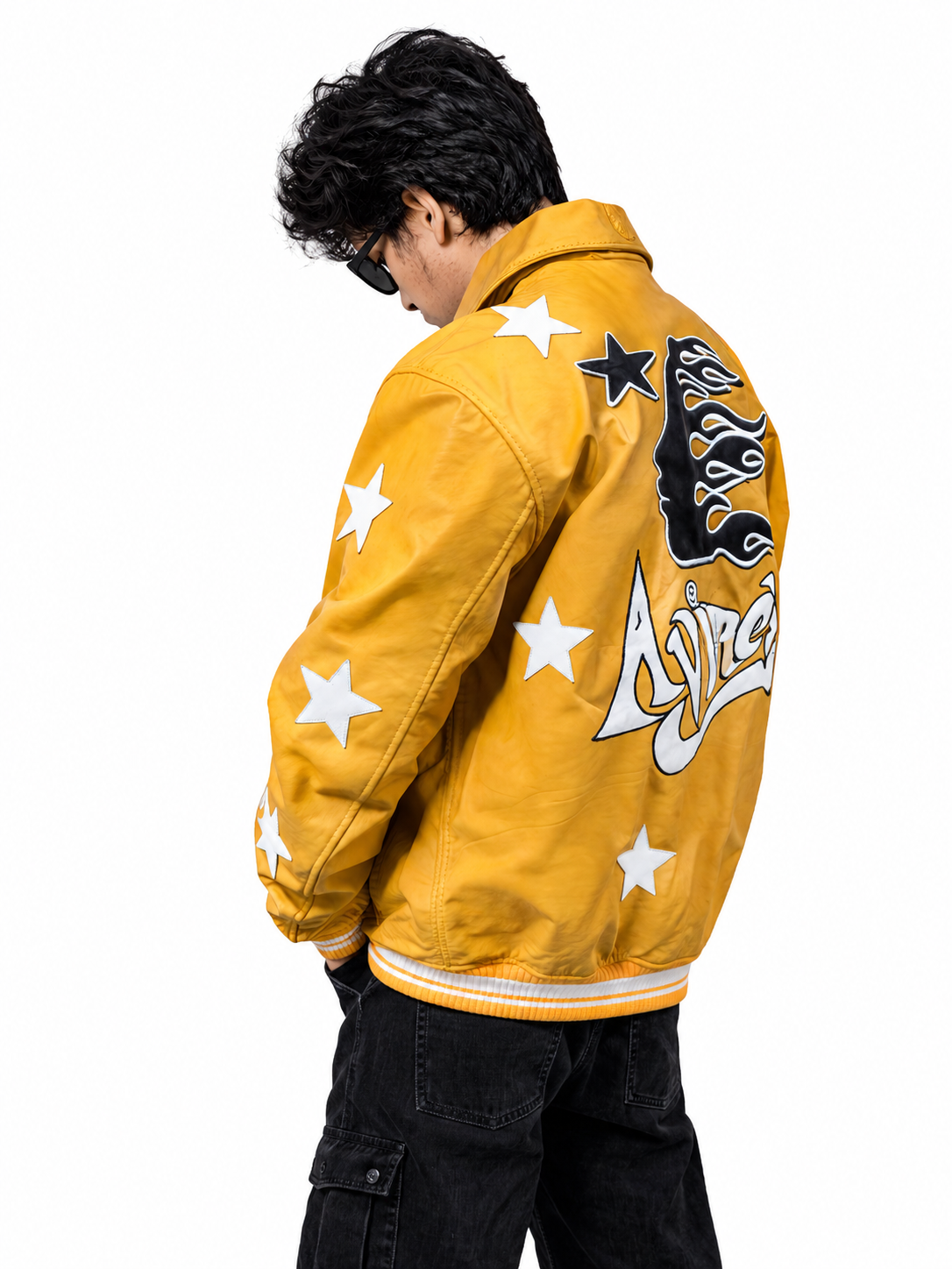 Men’s Yellow Star Graphic Varsity Bomber Jacket