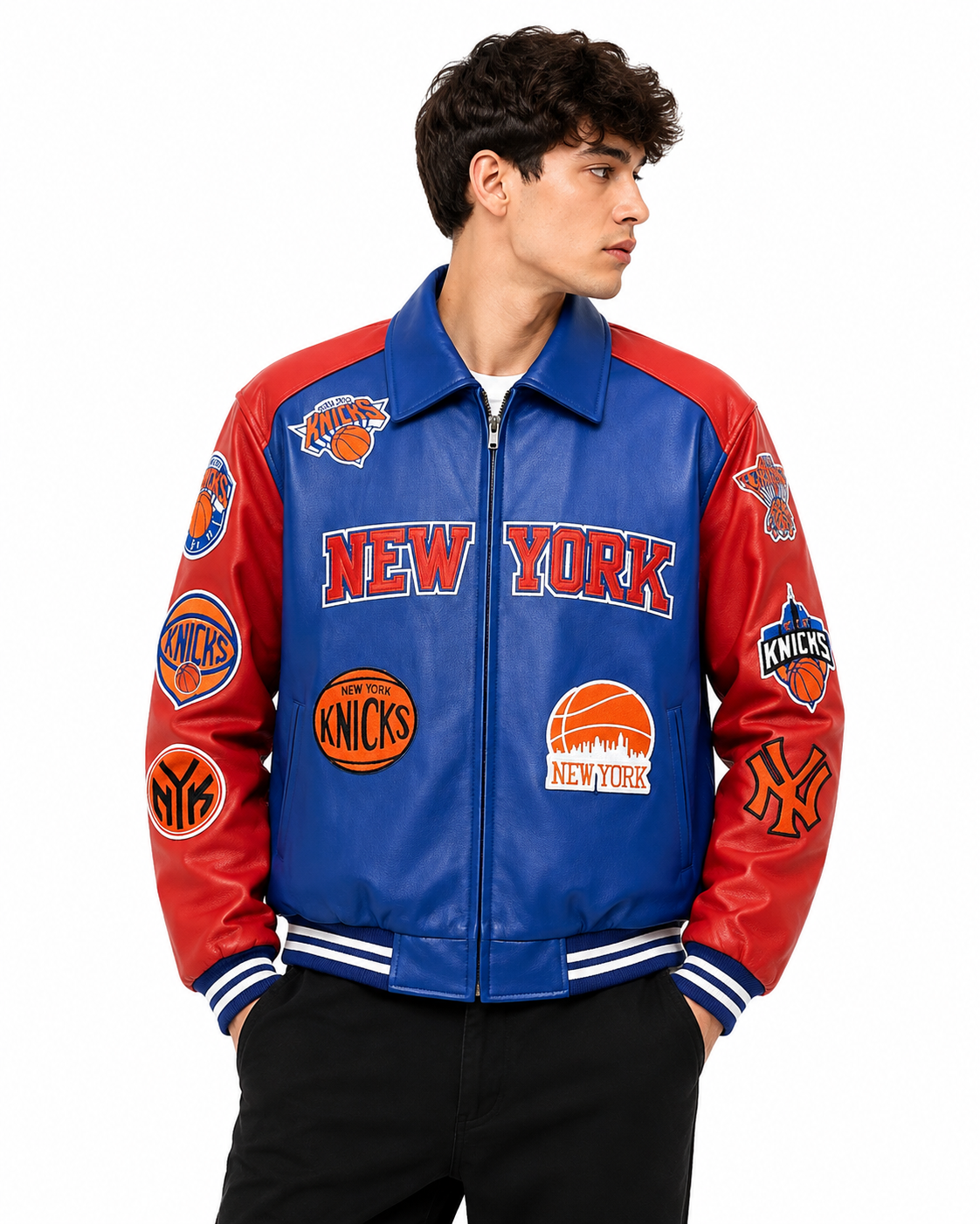 Men’s Blue & Red New York Varsity Leather Jacket