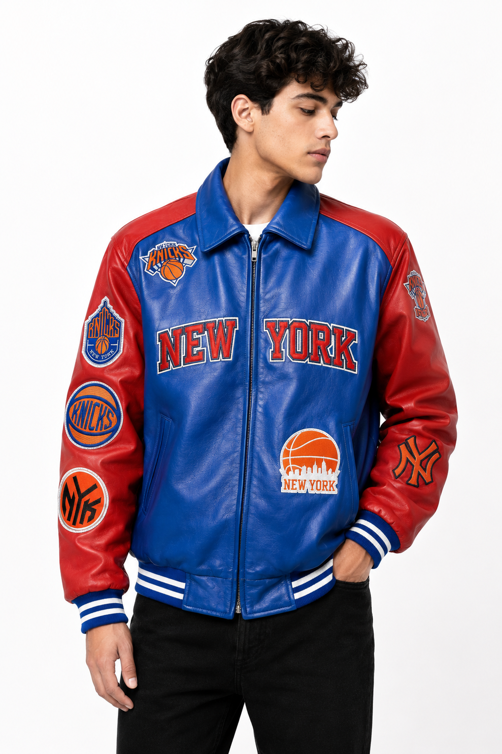 Men’s Blue & Red New York Varsity Leather Jacket