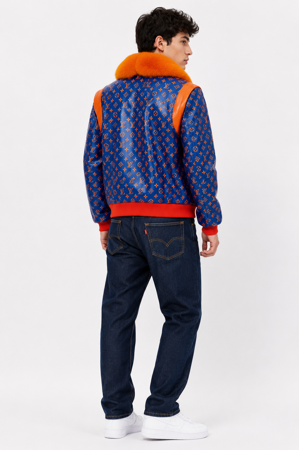Men’s Blue Monogram Puffer Jacket with Orange Faux Fur Collar