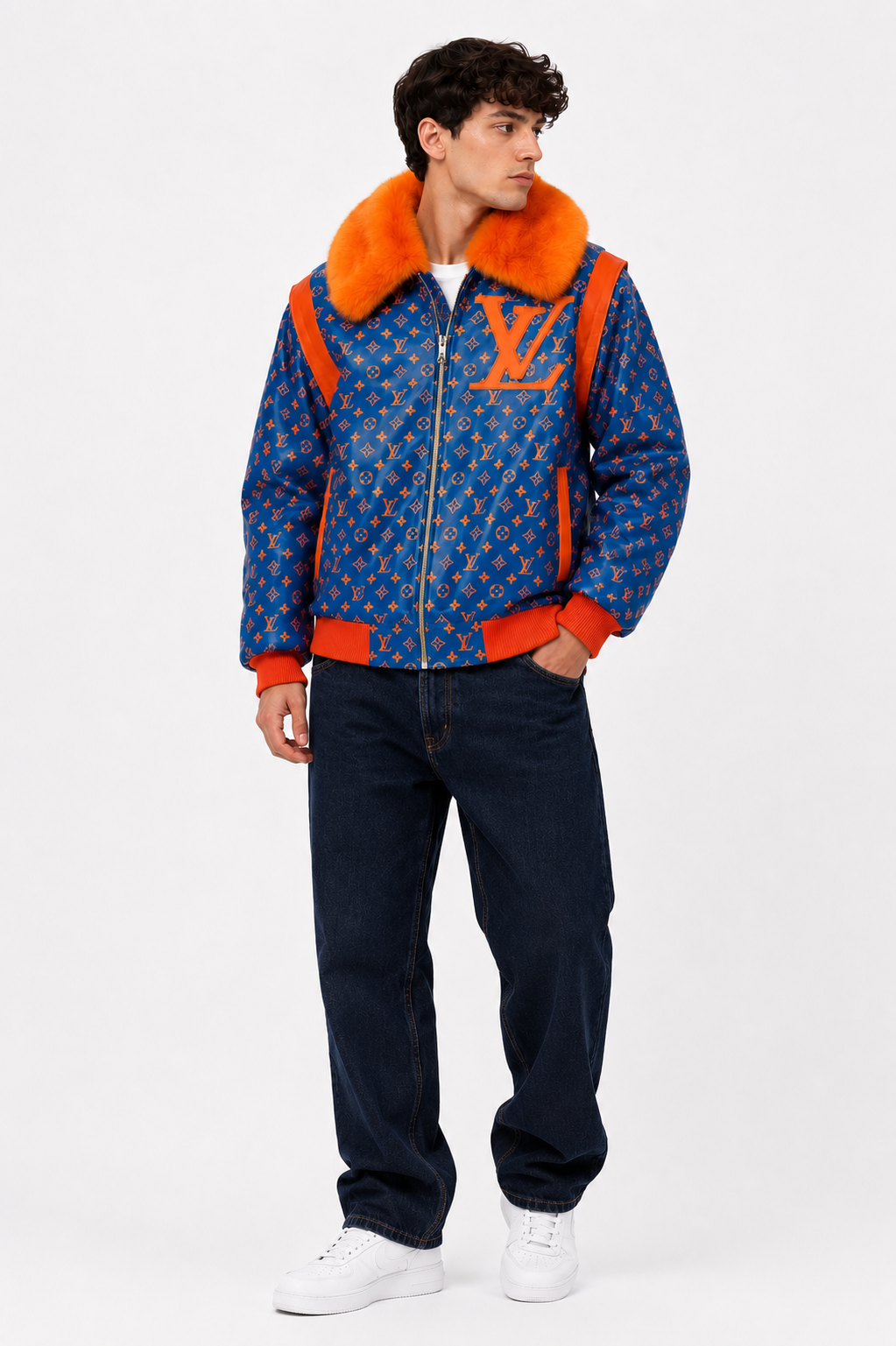 Men’s Blue Monogram Puffer Jacket with Orange Faux Fur Collar
