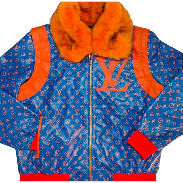 Men’s Blue Monogram Puffer Jacket with Orange Faux Fur Collar