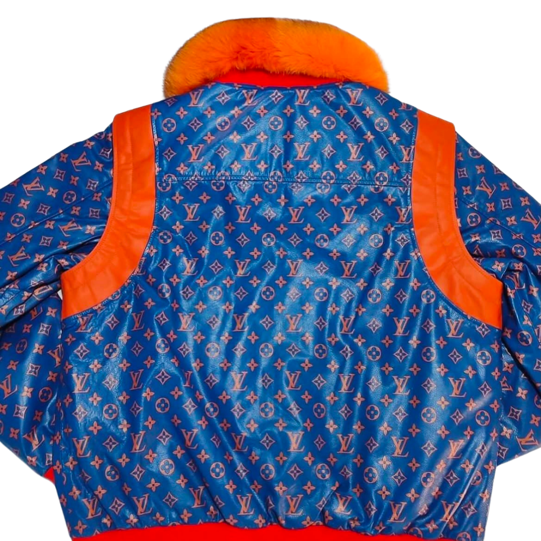 Men’s Blue Monogram Puffer Jacket with Orange Faux Fur Collar