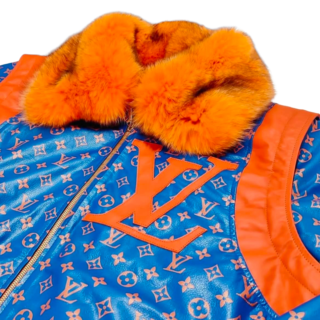 Men’s Blue Monogram Puffer Jacket with Orange Faux Fur Collar