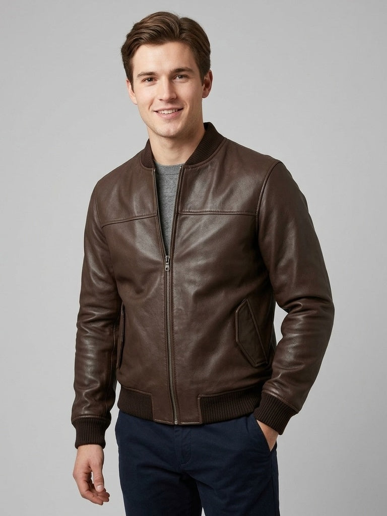 Men's Brown Sheep Nappa Leather MA-1 Bomber Jacket