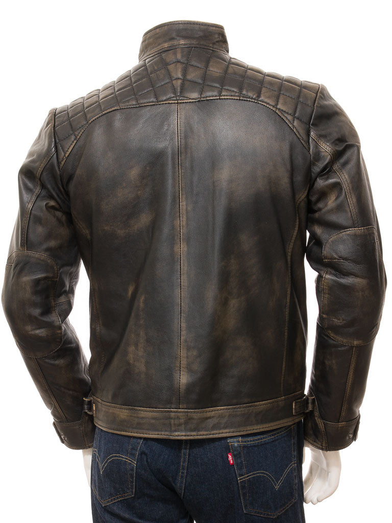 Men's Vintage Brown Leather Biker Jacket with Diamond Stitching