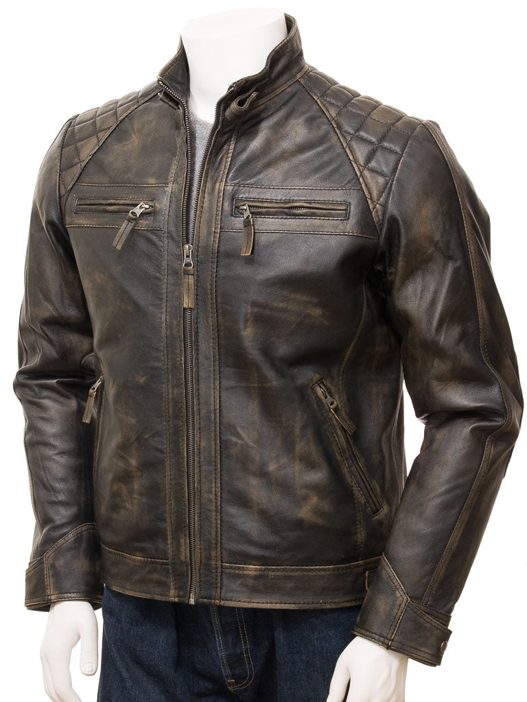 Men's Vintage Brown Leather Biker Jacket with Diamond Stitching