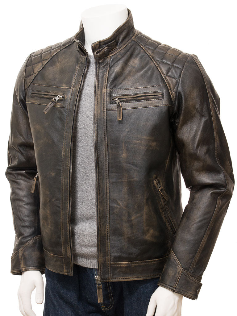 Men's Vintage Brown Leather Biker Jacket with Diamond Stitching