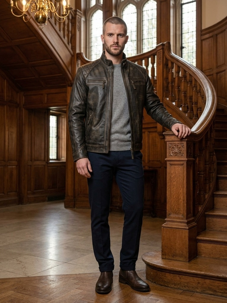 Men's Vintage Brown Leather Biker Jacket with Diamond Stitching