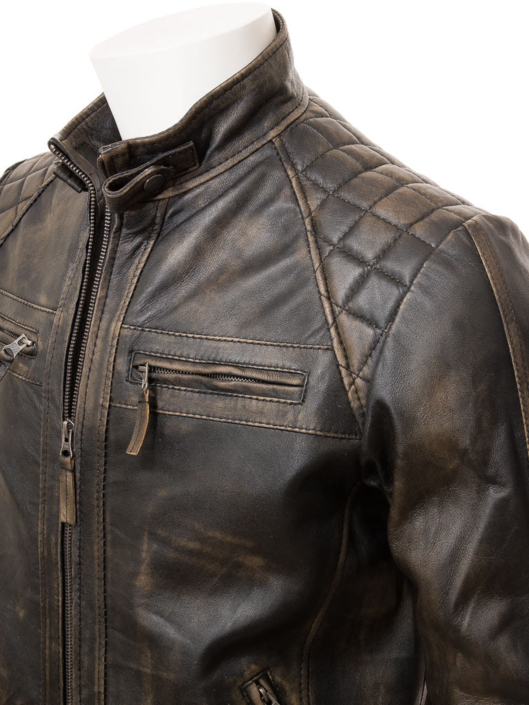 Men's Vintage Brown Leather Biker Jacket with Diamond Stitching