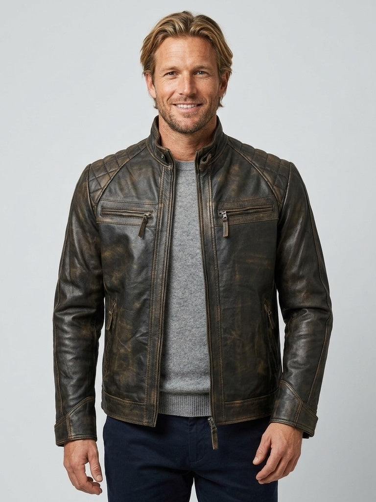 Men's Vintage Brown Leather Biker Jacket with Diamond Stitching