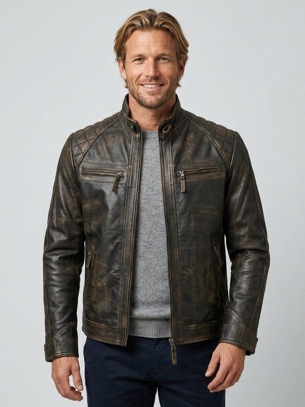 Men's Vintage Brown Leather Biker Jacket with Diamond Stitching