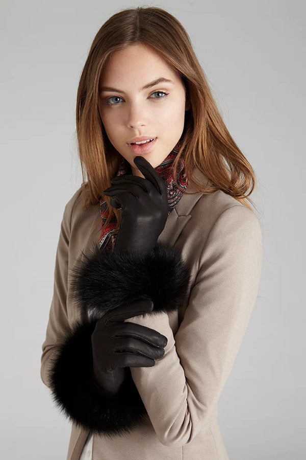 Black Fox Fur-Trimmed Gloves