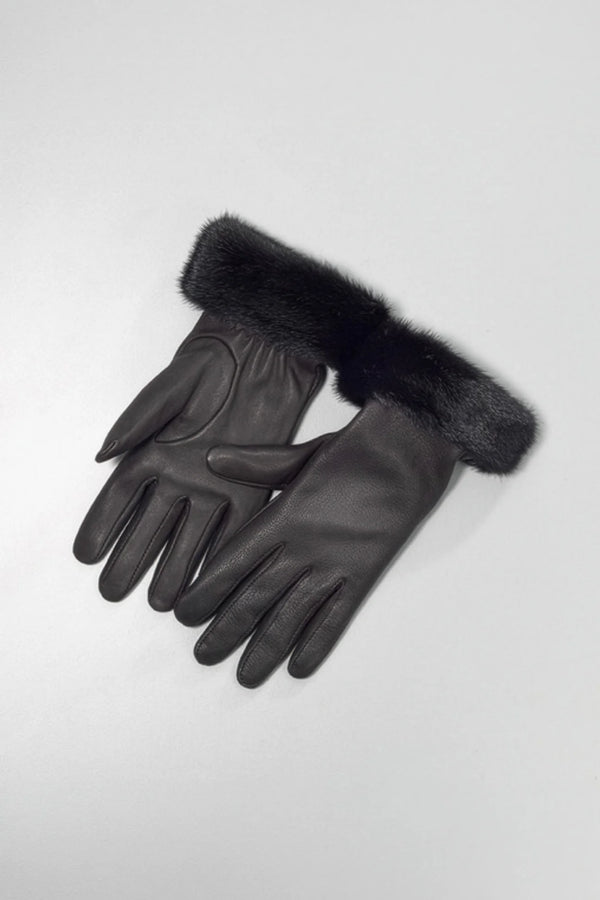 Black Mink Fur-Trimmed Gloves