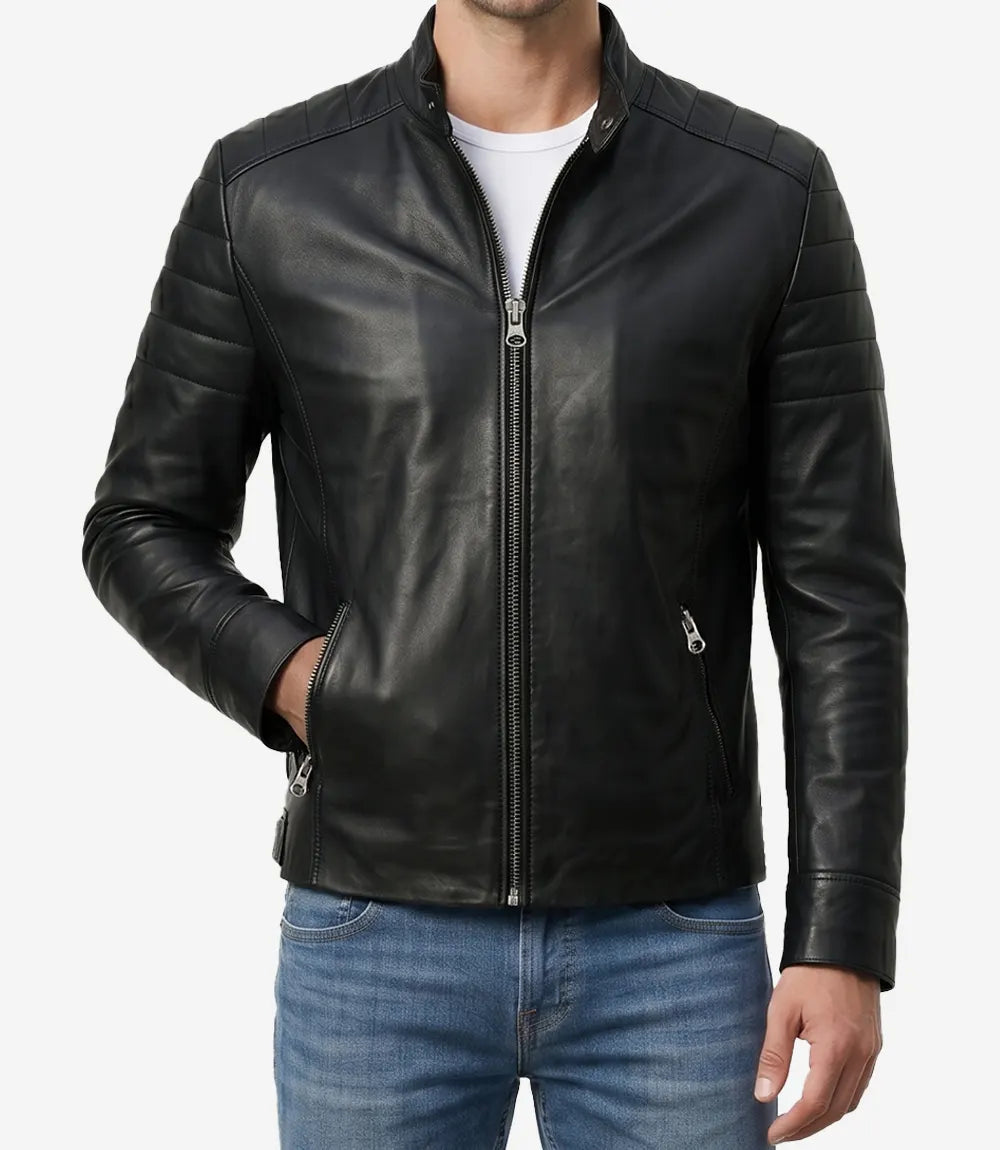 Men's Black Cafe Racer Lambskin Leather Jacket