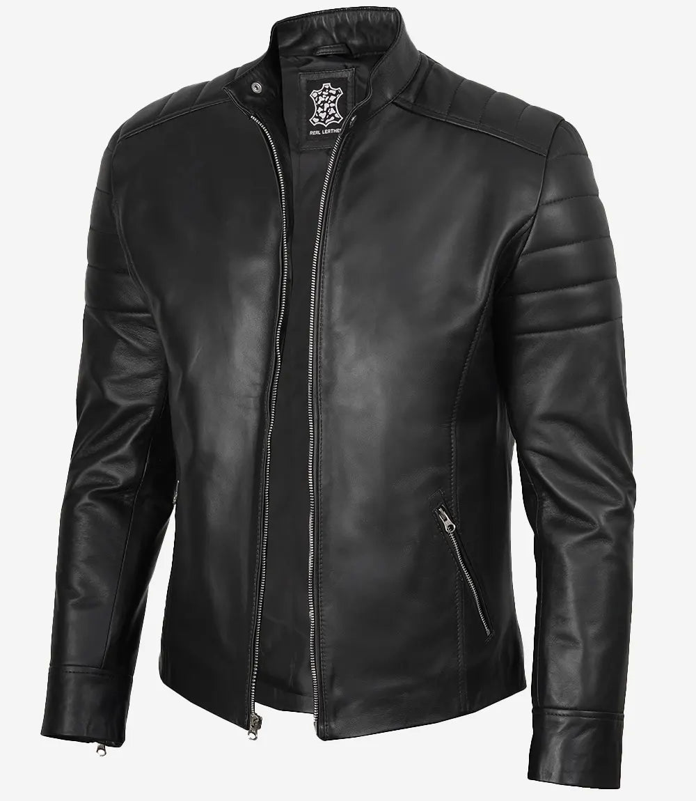Men's Black Cafe Racer Lambskin Leather Jacket