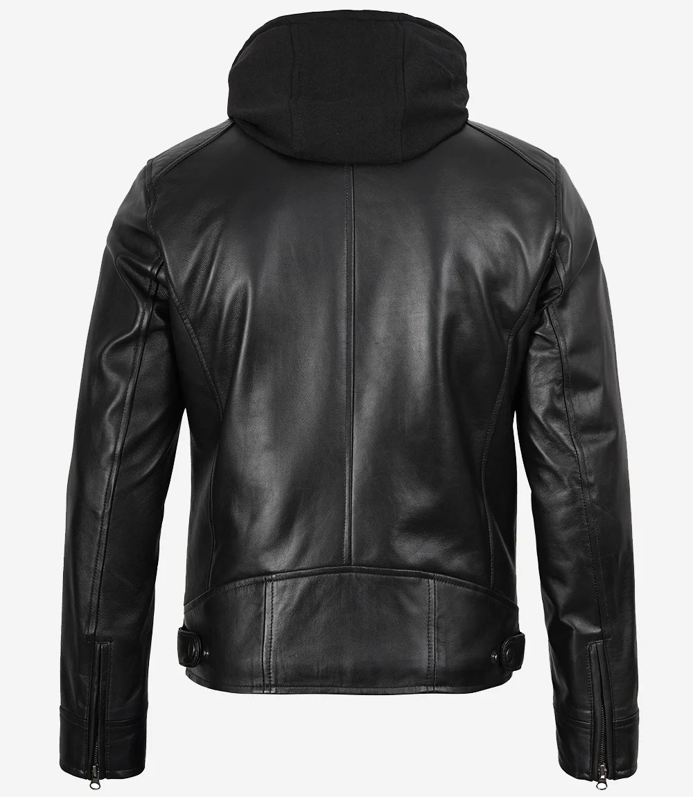 Men's Black Lambskin Leather Jacket with Removable Hood