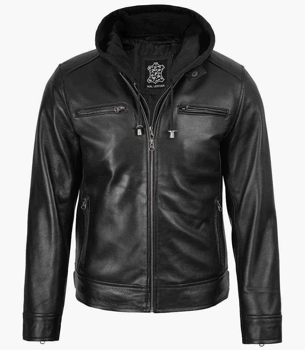 Men's Black Lambskin Leather Jacket with Removable Hood