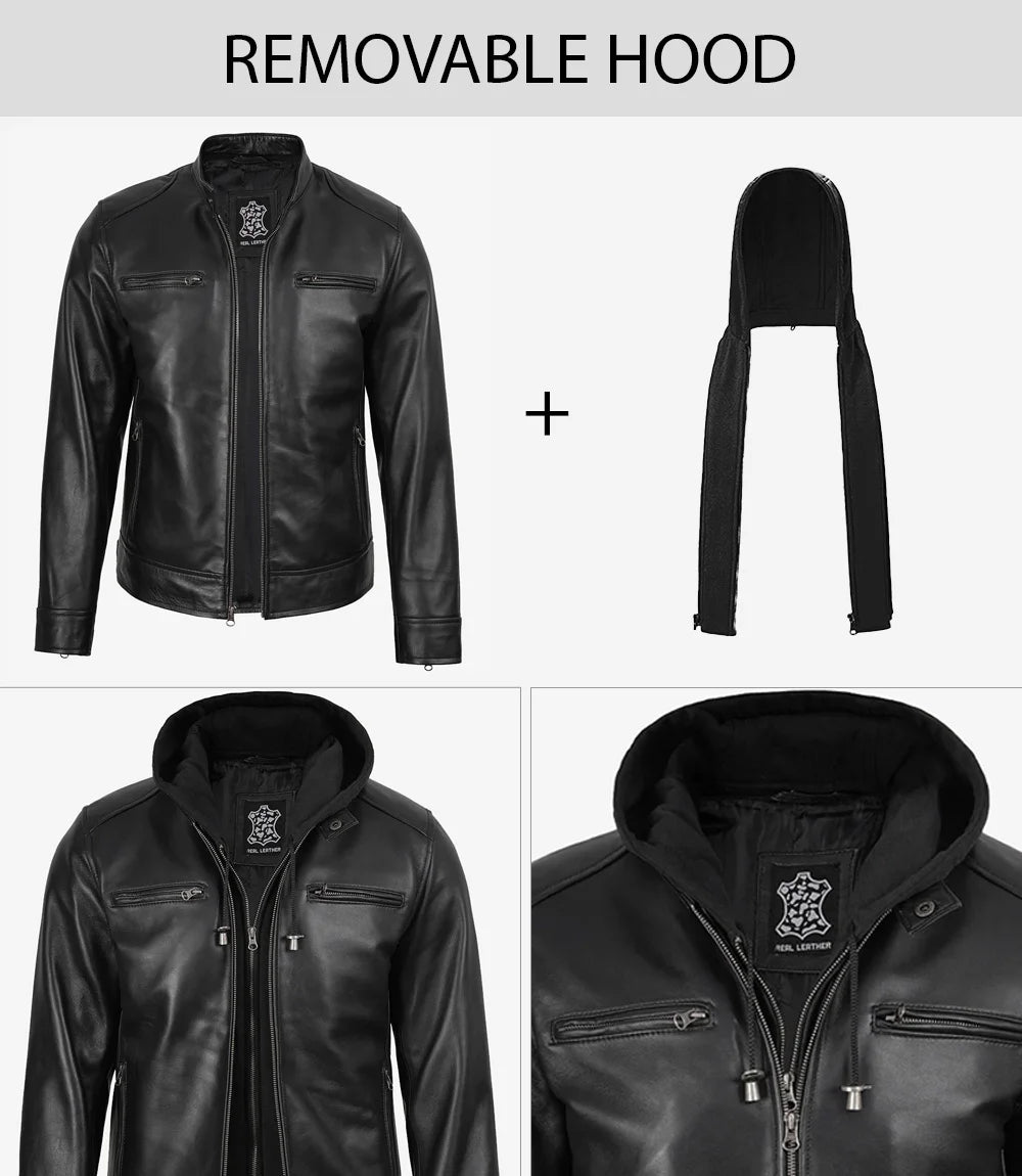 Men's Black Lambskin Leather Jacket with Removable Hood