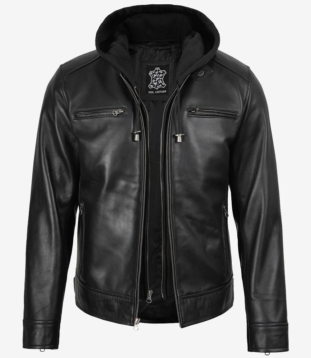 Men's Black Lambskin Leather Jacket with Removable Hood