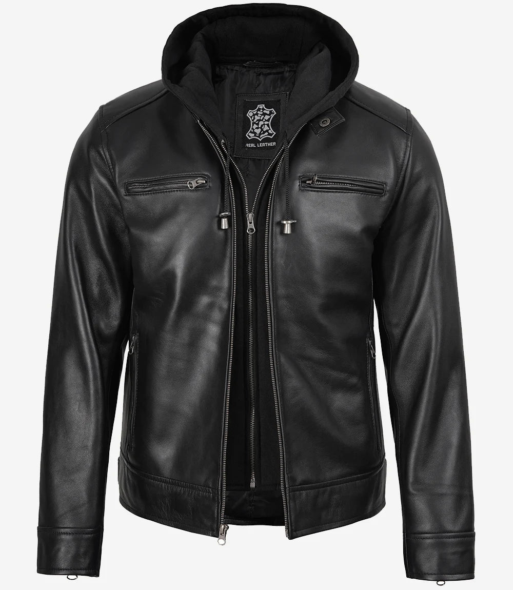 Men's Black Lambskin Leather Jacket with Removable Hood