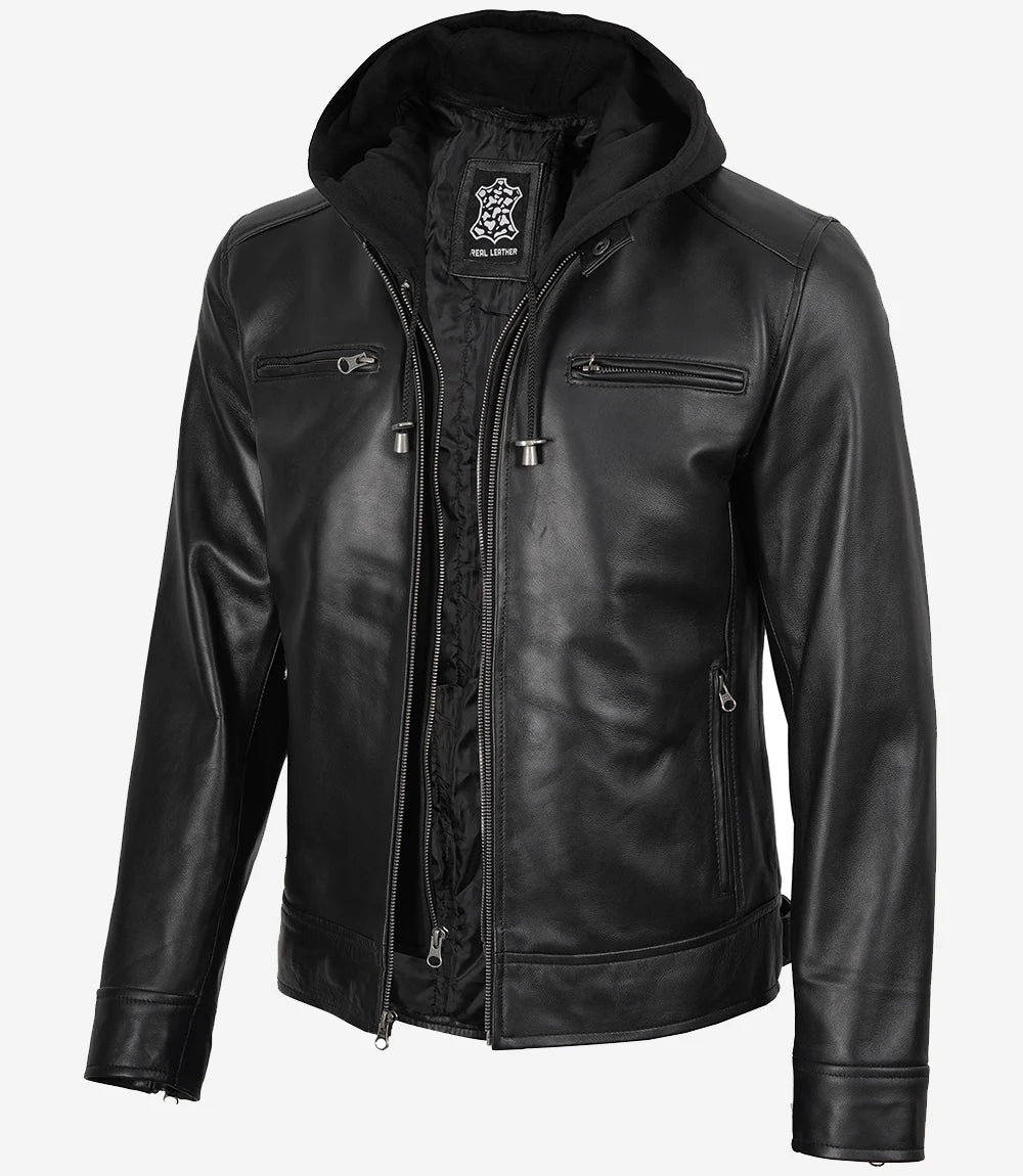 Men's Black Lambskin Leather Jacket with Removable Hood