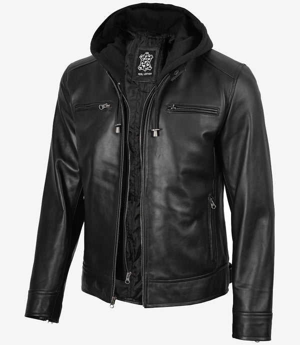 Men's Black Lambskin Leather Jacket with Removable Hood