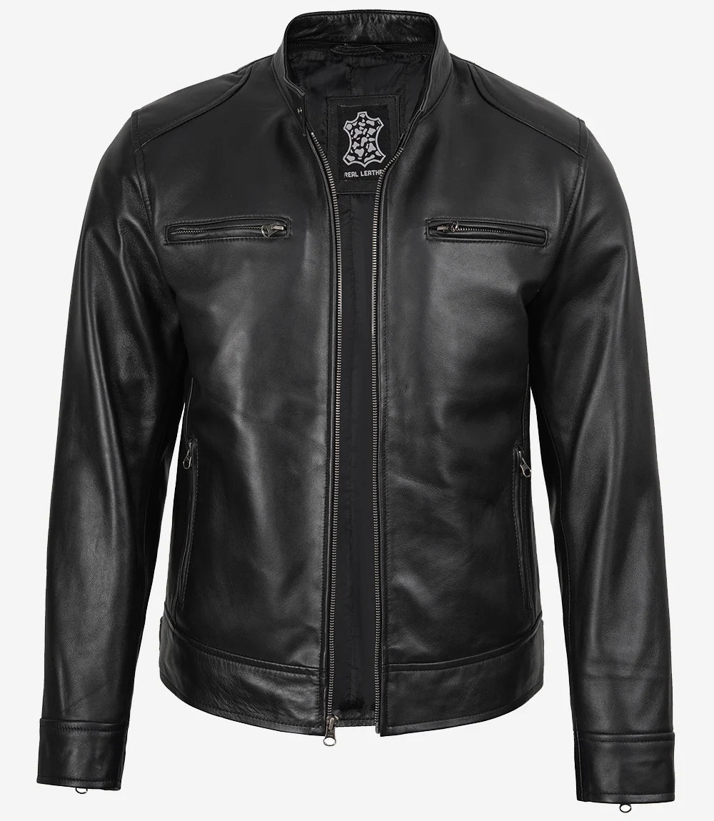 Men's Black Lambskin Leather Jacket with Removable Hood