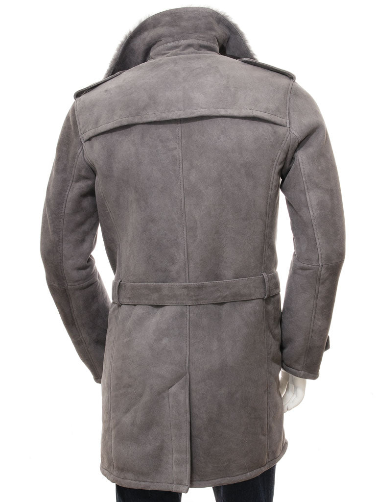 Men's Grey Sheepskin Shearling Trench Coat