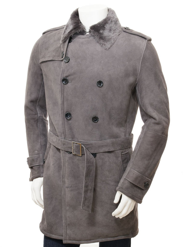 Men's Grey Sheepskin Shearling Trench Coat