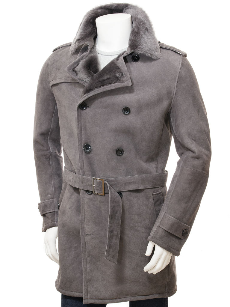 Men's Grey Sheepskin Shearling Trench Coat
