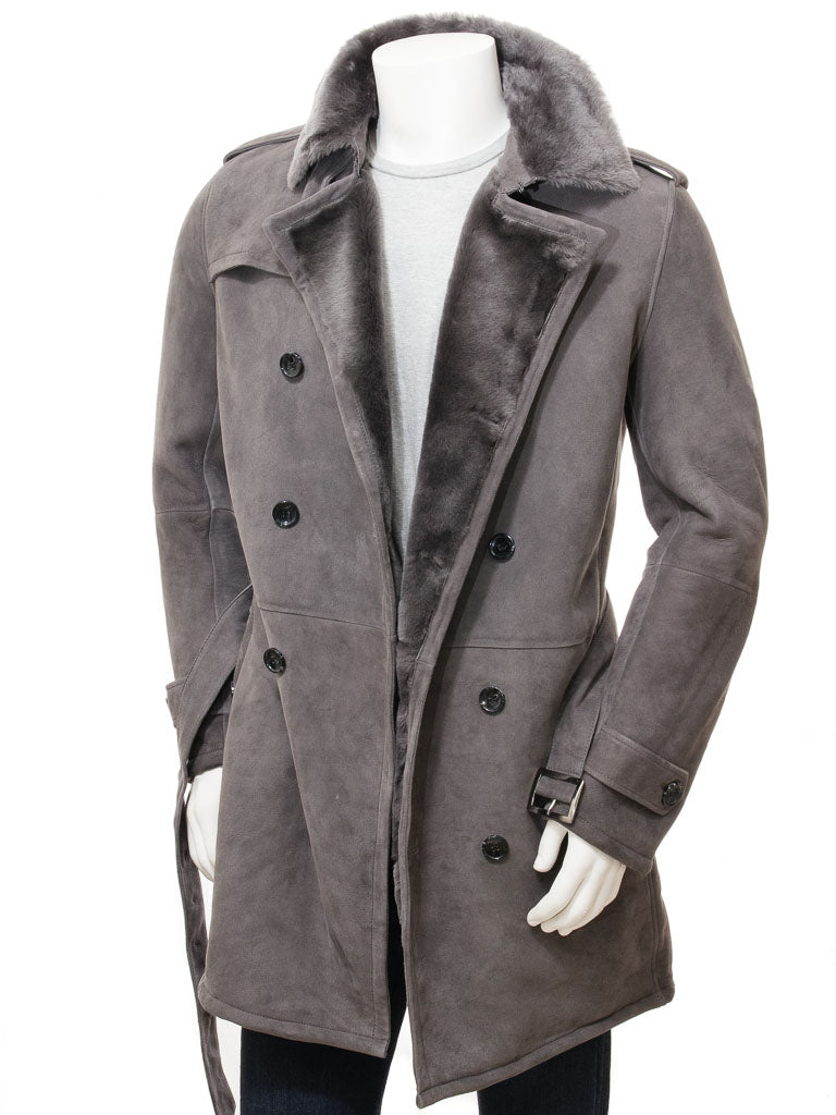 Men's Grey Sheepskin Shearling Trench Coat