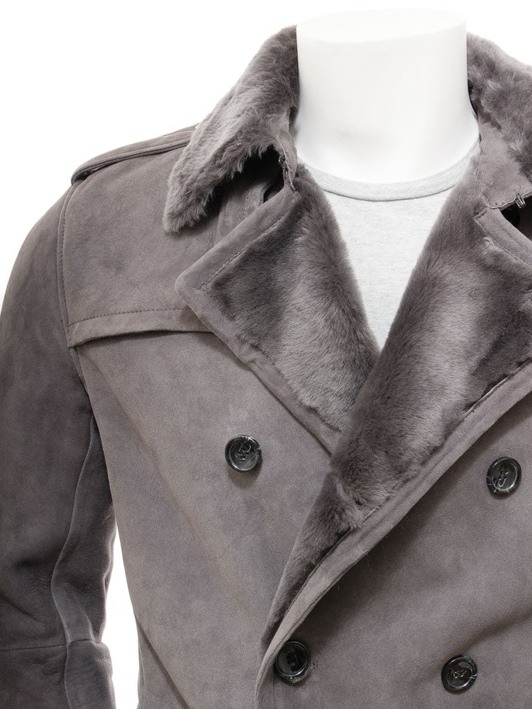 Men's Grey Sheepskin Shearling Trench Coat
