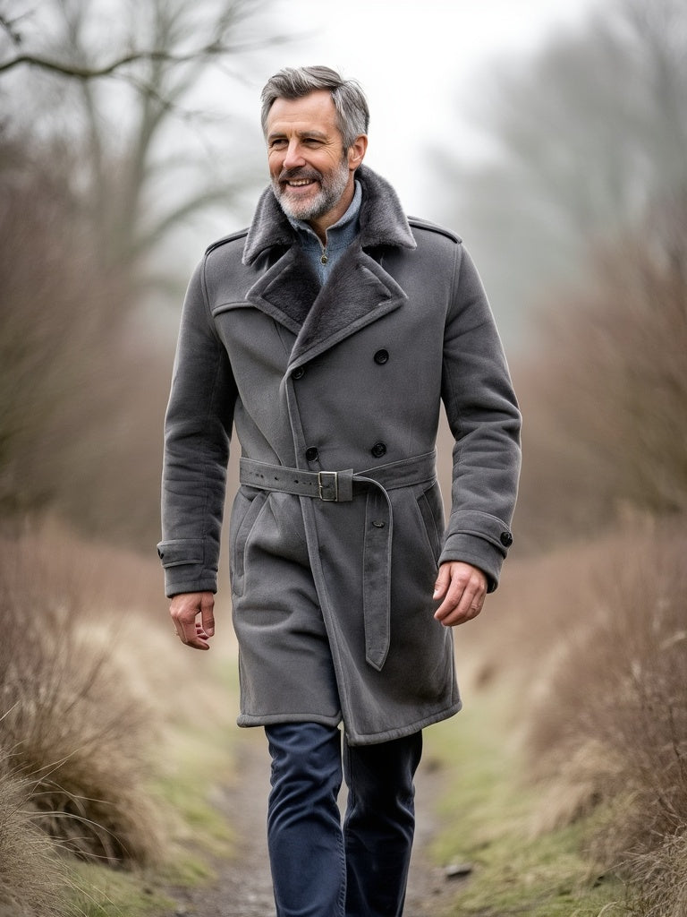 Men's Grey Sheepskin Shearling Trench Coat