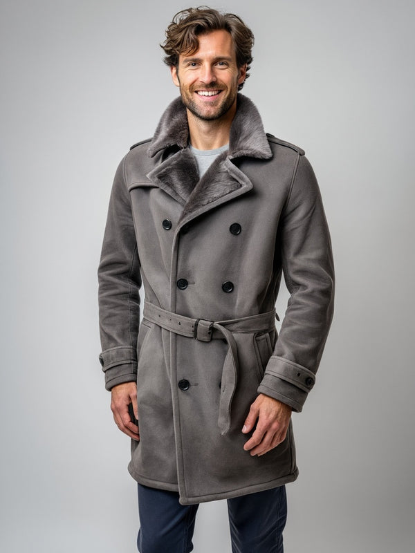Men's Grey Sheepskin Shearling Trench Coat